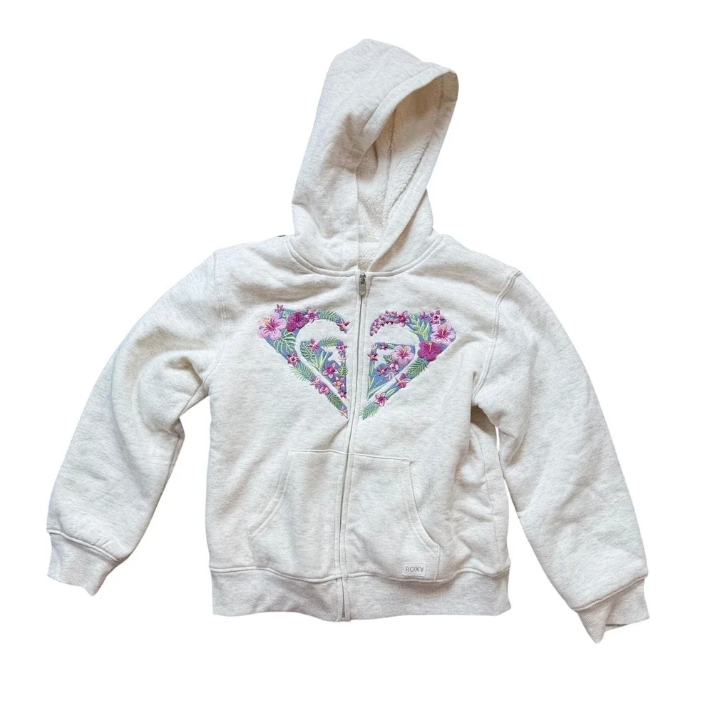 Roxy Hoodie Girls Size M 10/12 Oatmeal Excellent Sherpa Lined Floral Heart Zip